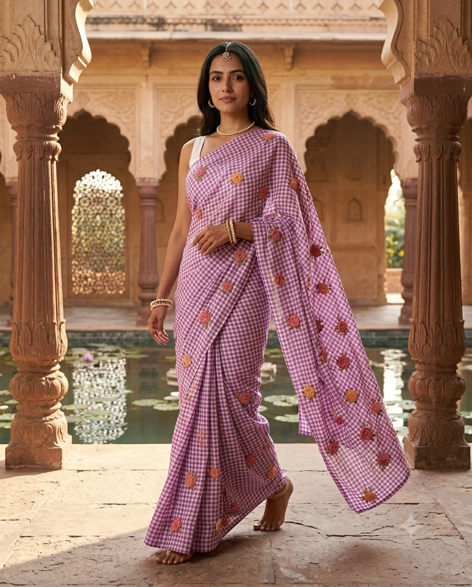 Hand-Embroidered Purple Gingham Check Saree with White Blouse