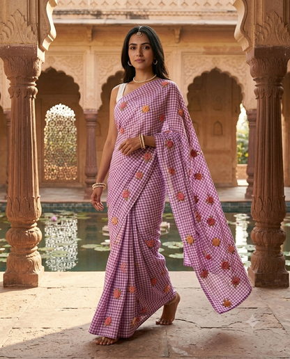 Hand-Embroidered Purple Gingham Check Saree with White Blouse