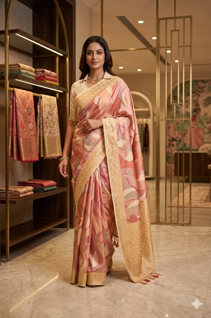 Elegant Peach & Pink Abstract Print Silk Saree with Gold Border