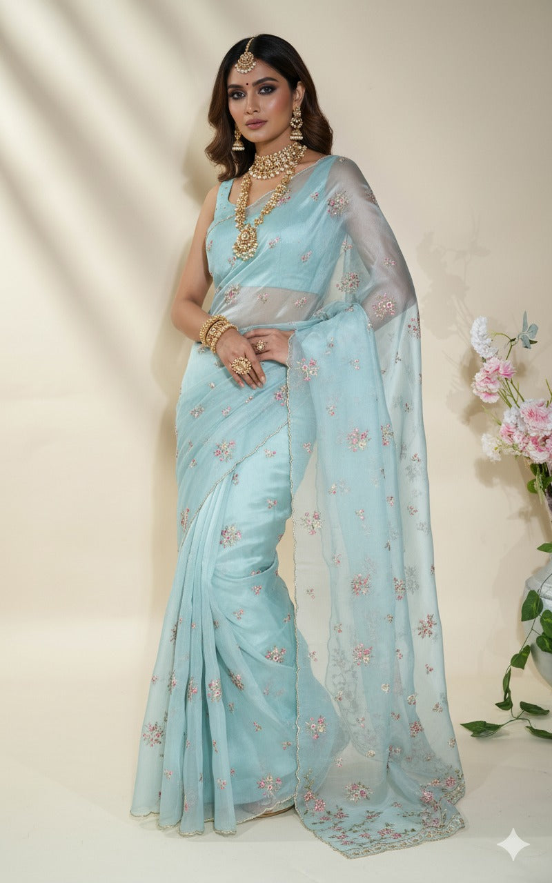 Ferozi Embroidery Organza Saree