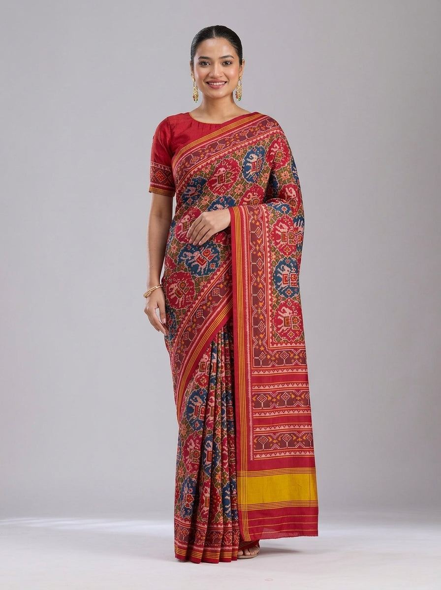 Red & Navy Blue Patan Patola Silk Saree with Elephant & Floral Ikat Weave