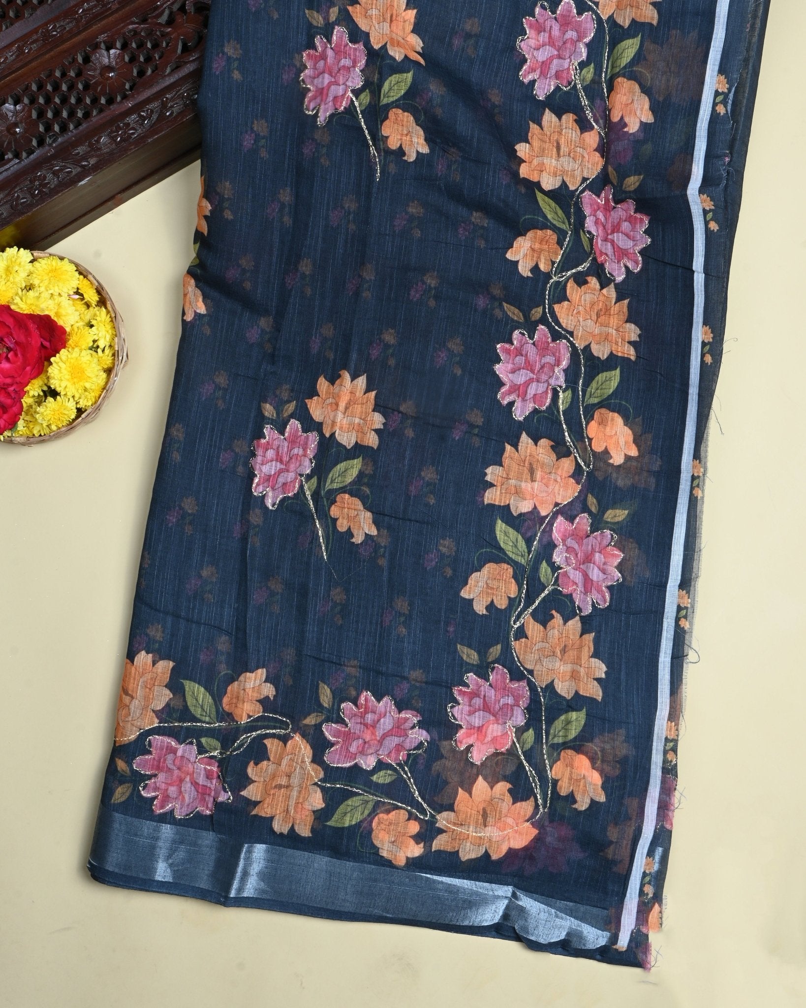 Black Color Lenin Saree - Shop Vastram