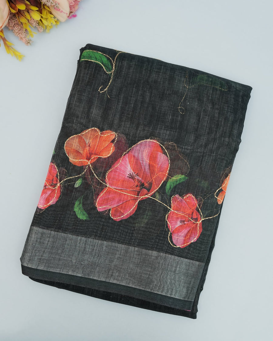 Black color Lenin Saree - Shop Vastram