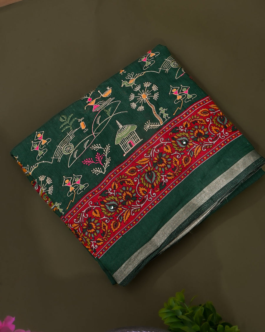 Bottle Green Chanderi Embroidery Saree - Shop Vastram
