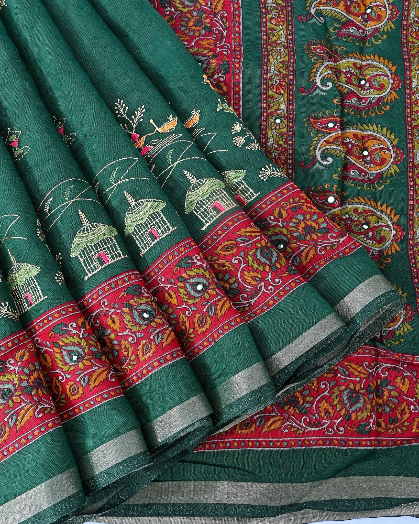 Bottle Green Chanderi Embroidery Saree - Shop Vastram