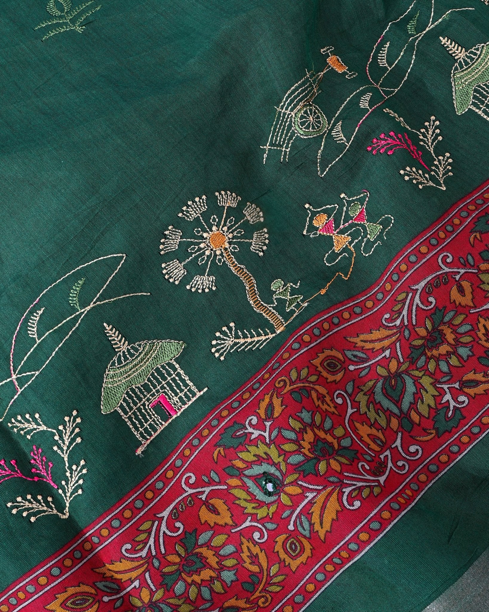 Bottle Green Chanderi Embroidery Saree - Shop Vastram