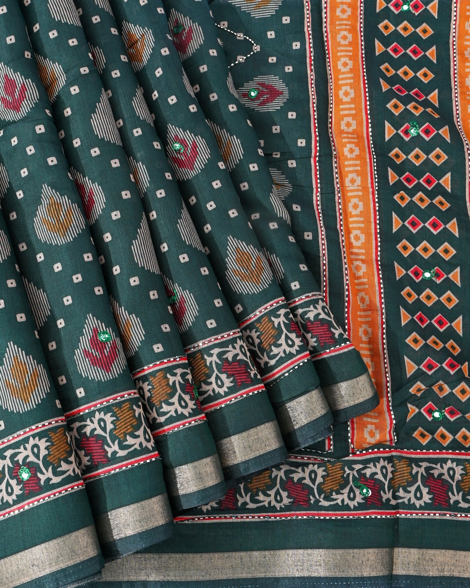 Bottle Green Chanderi Printed Saree - Shop Vastram