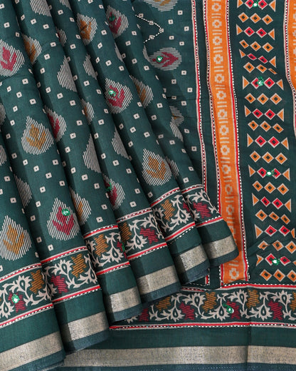 Bottle Green Chanderi Printed Saree - Shop Vastram