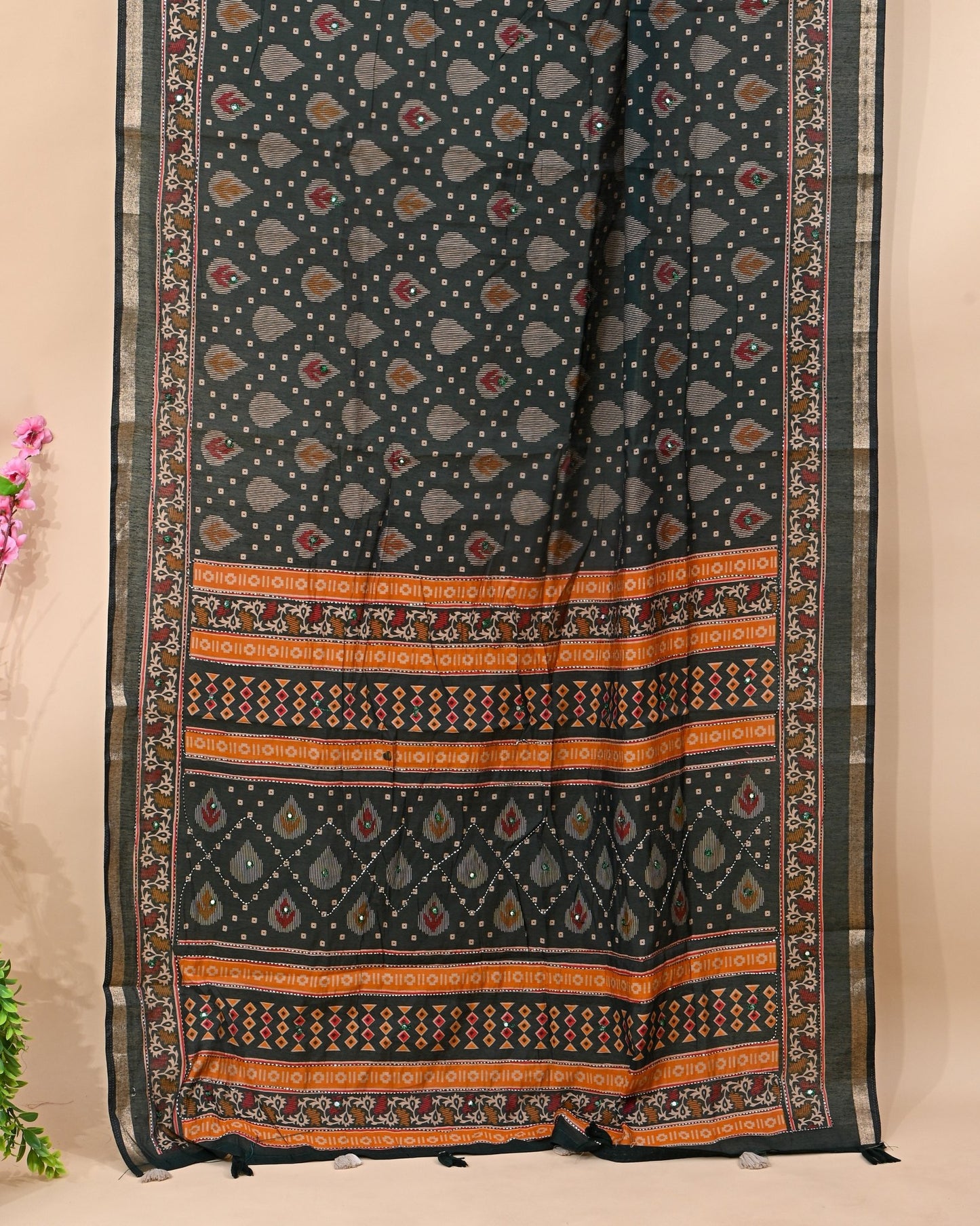 Bottle Green Chanderi Printed Saree - Shop Vastram