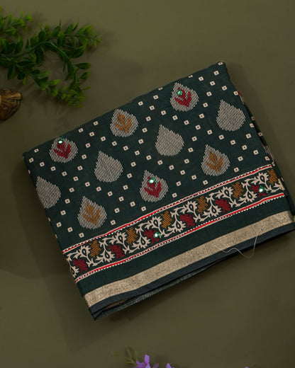 Bottle Green Chanderi Printed Saree - Shop Vastram