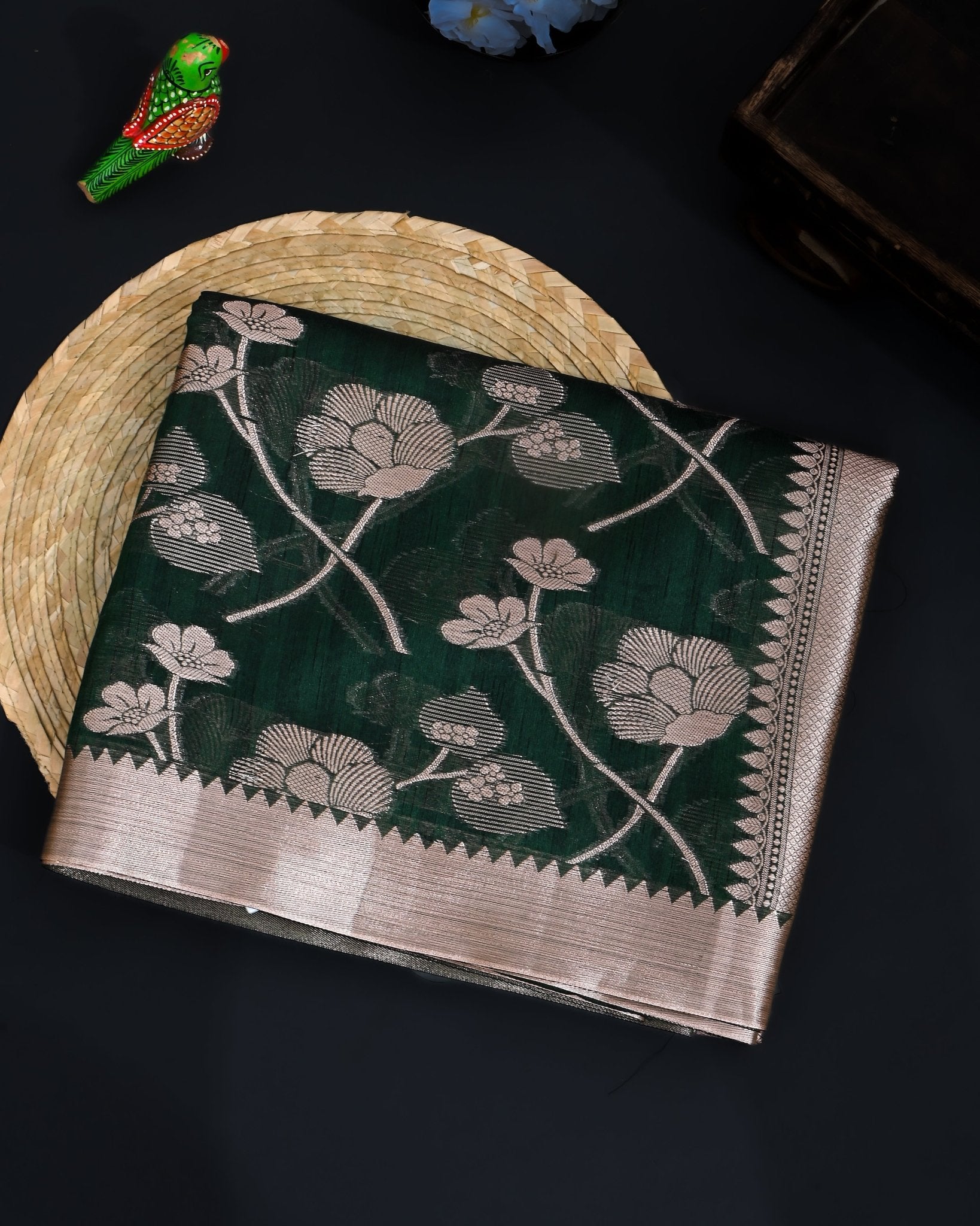 Bottle Green Silk Banarasi Saree - Shop Vastram