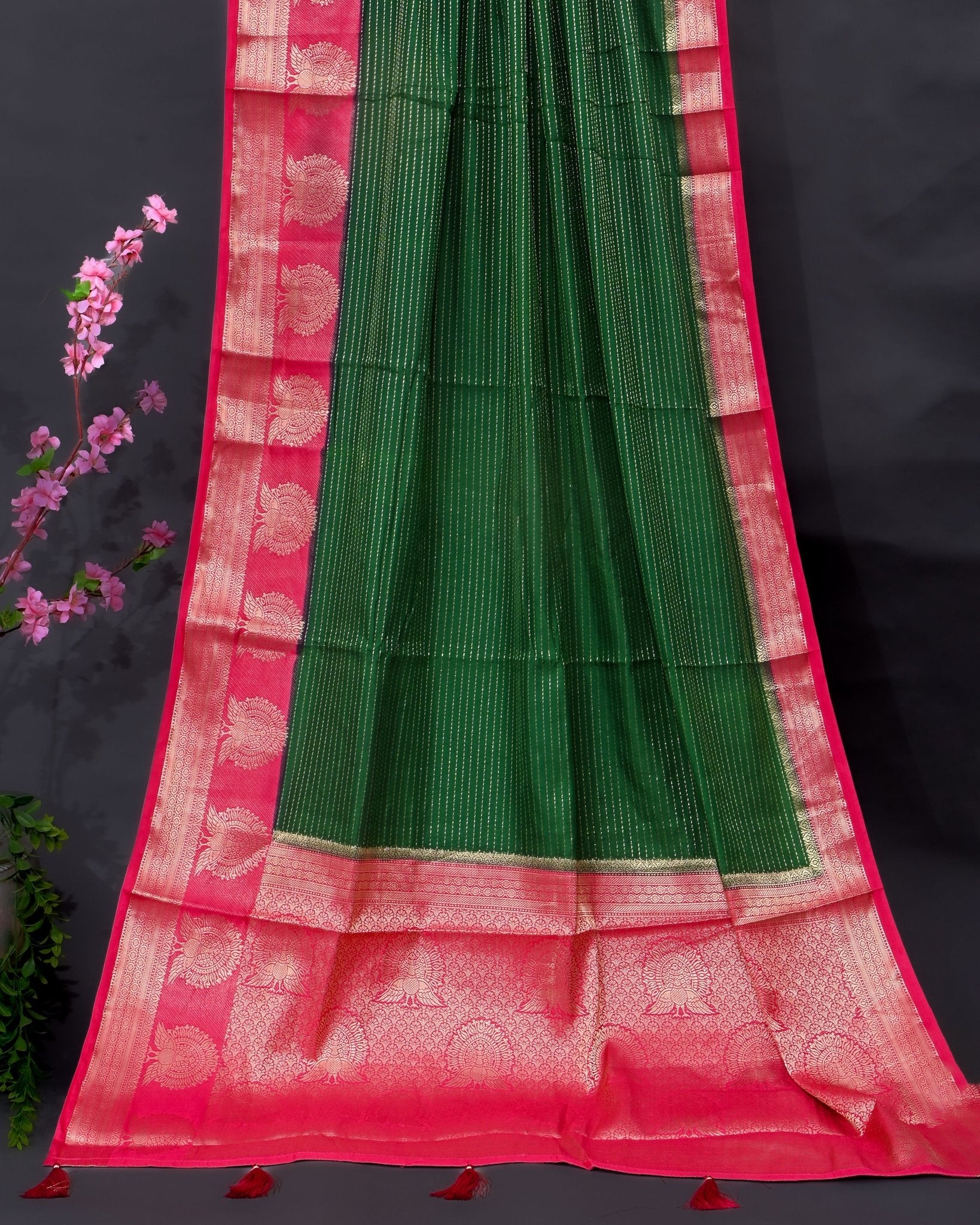 Bottle Green Silk Banarasi Saree - Shop Vastram