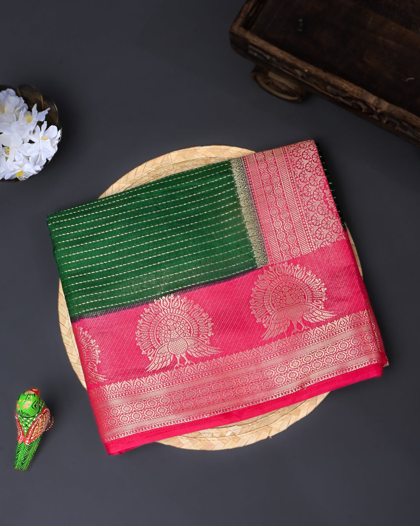 Bottle Green Silk Banarasi Saree - Shop Vastram