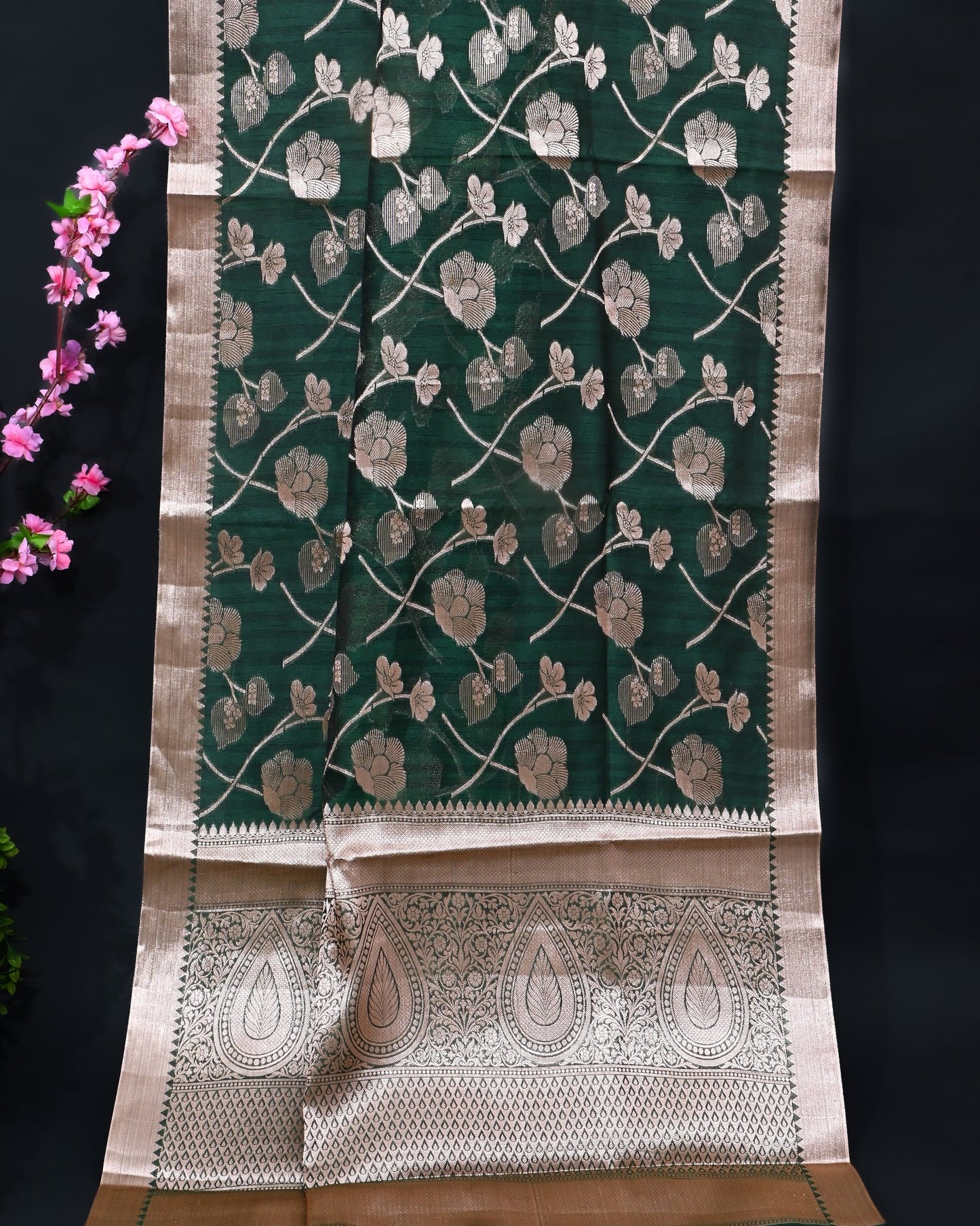 Bottle Green Silk Banarasi Saree - Shop Vastram