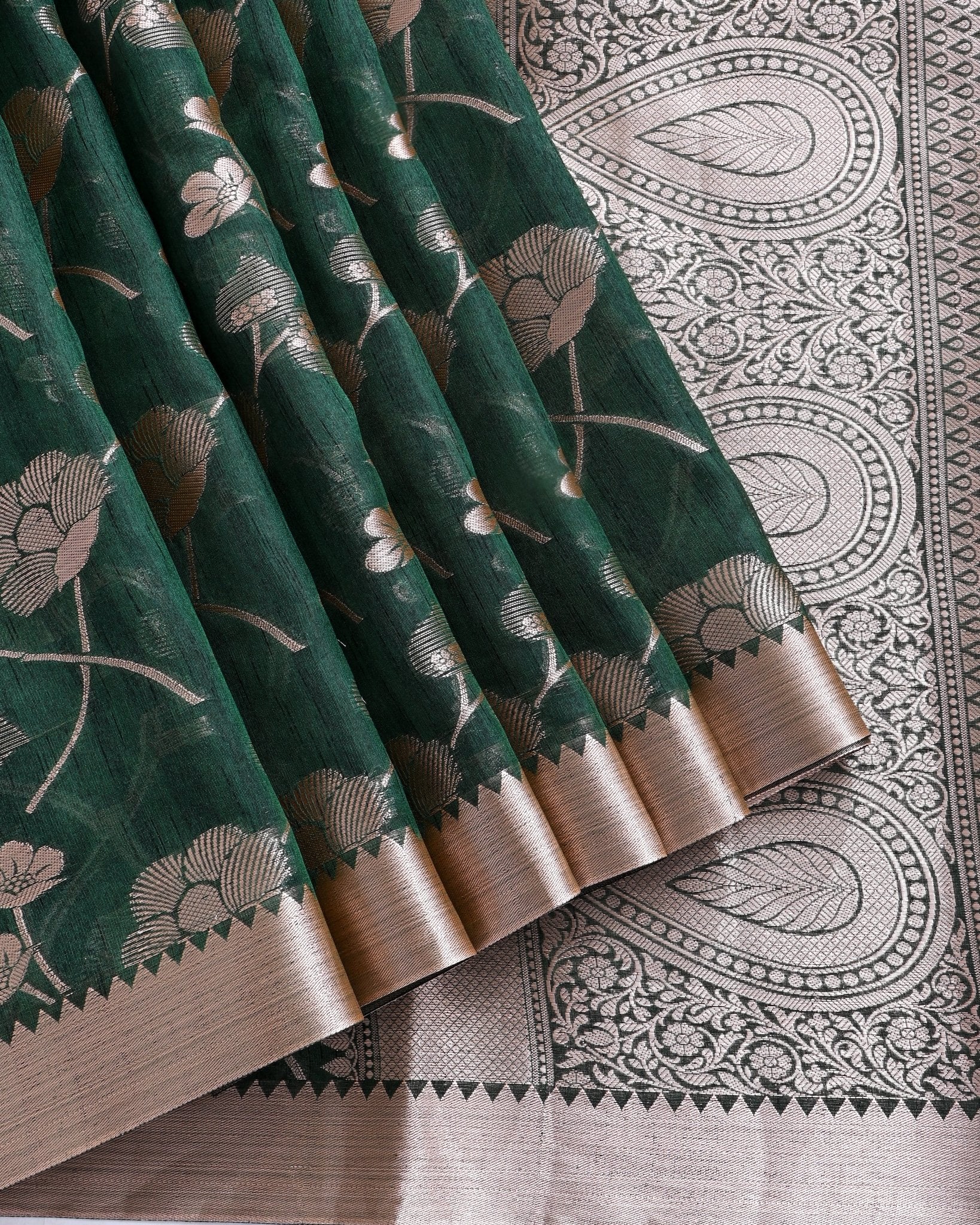 Bottle Green Silk Banarasi Saree - Shop Vastram