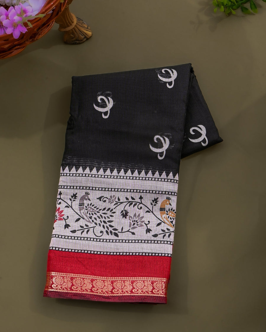 Chanderi Black Printed Saree - Shop Vastram
