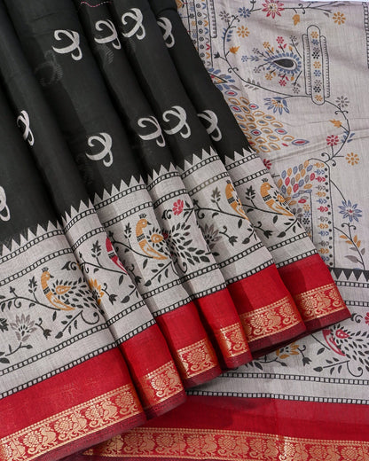 Chanderi Black Printed Saree - Shop Vastram