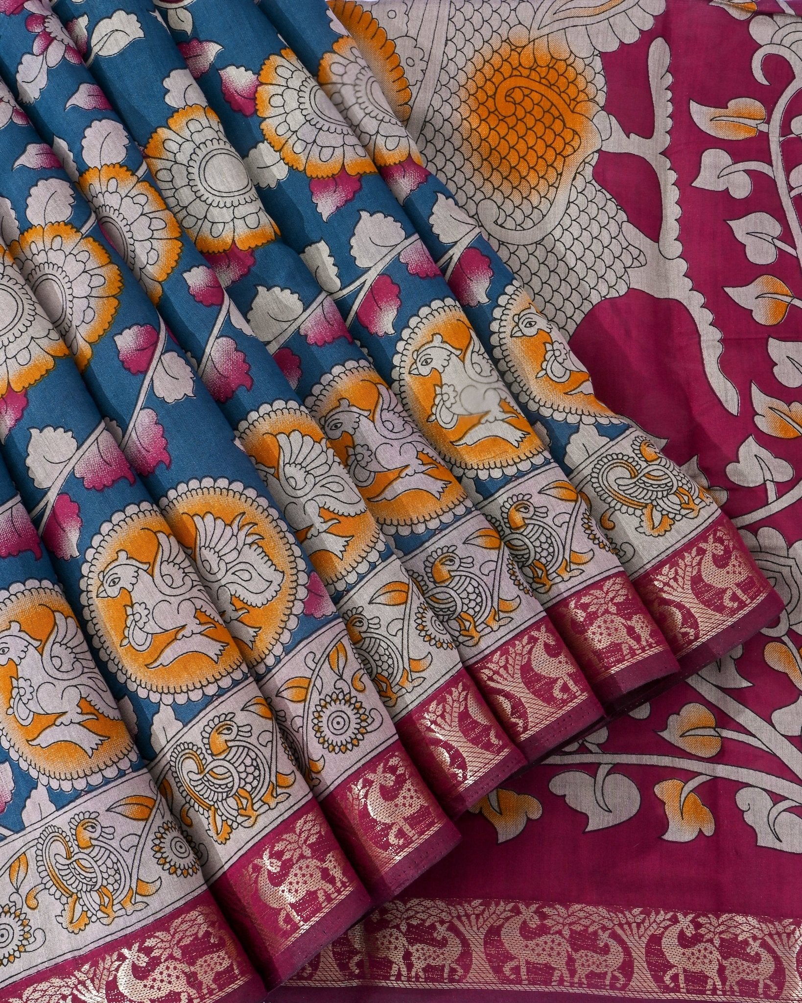 Chanderi Ferozi Printed Saree - Shop Vastram