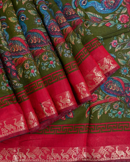 Chanderi Green Printed Saree - Shop Vastram