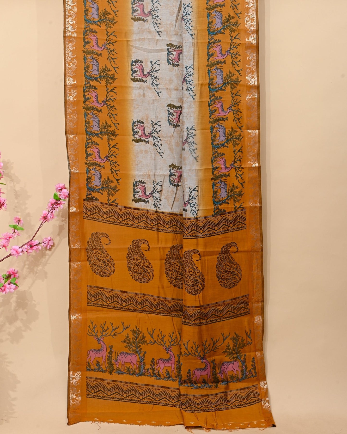 Chanderi Grey Printed Saree - Shop Vastram