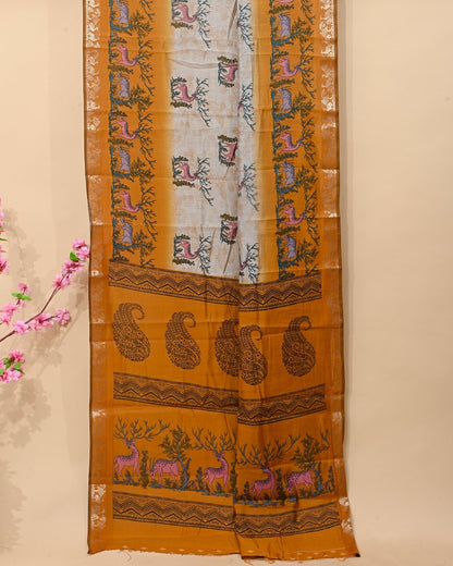 Chanderi Grey Printed Saree - Shop Vastram
