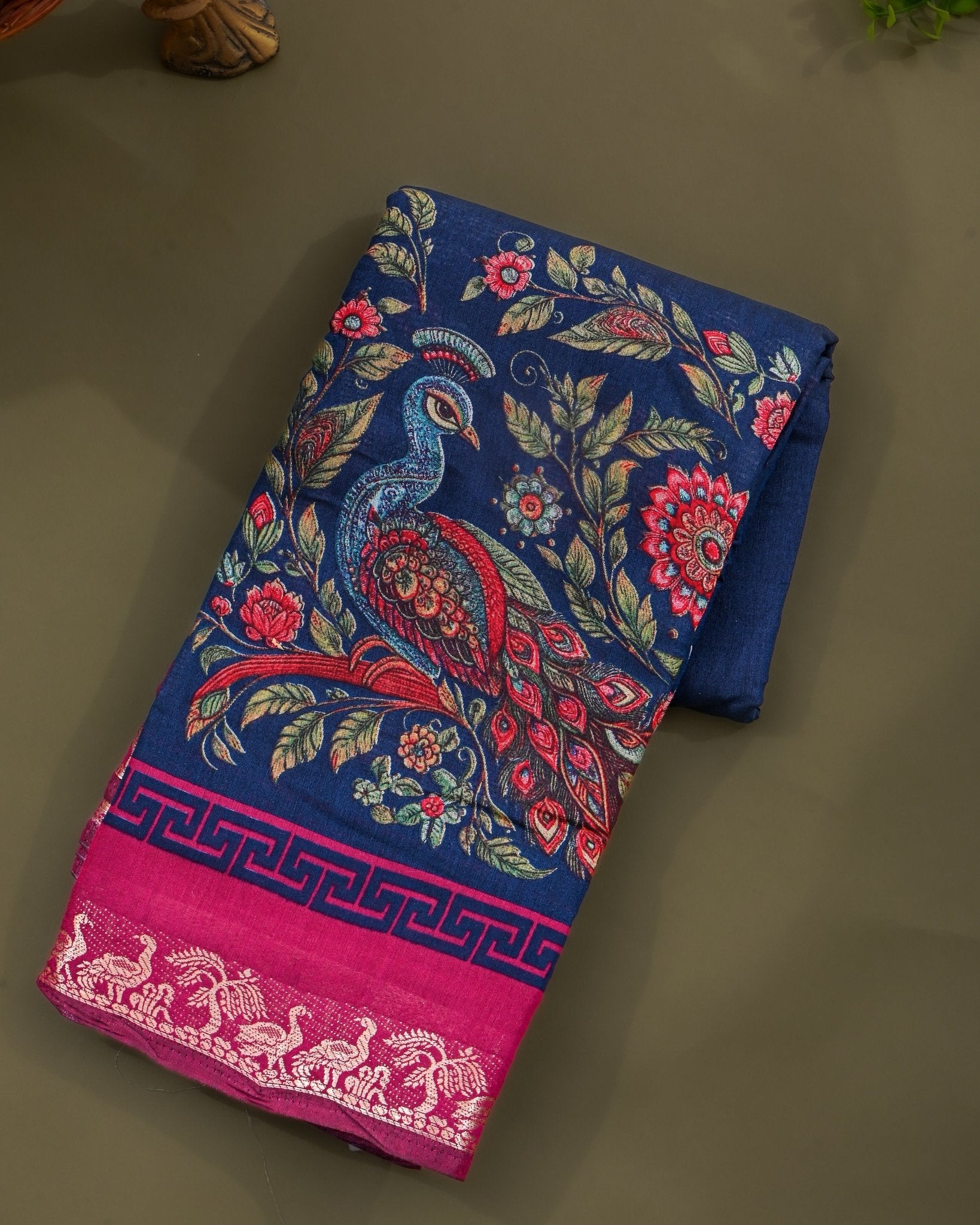Chanderi Navy Blue Printed Saree - Shop Vastram
