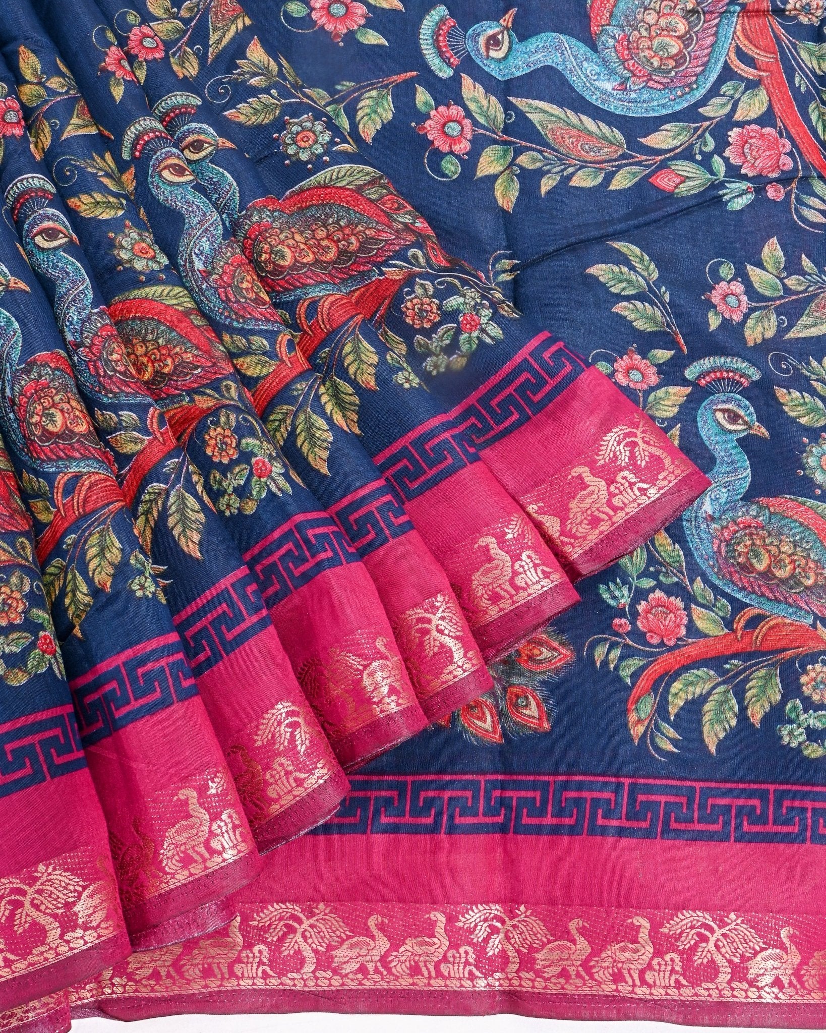 Chanderi Navy Blue Printed Saree - Shop Vastram