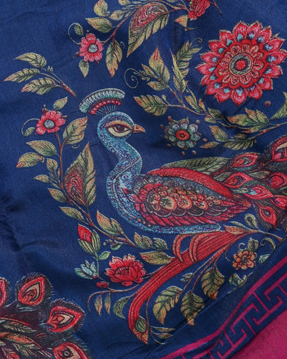 Chanderi Navy Blue Printed Saree - Shop Vastram