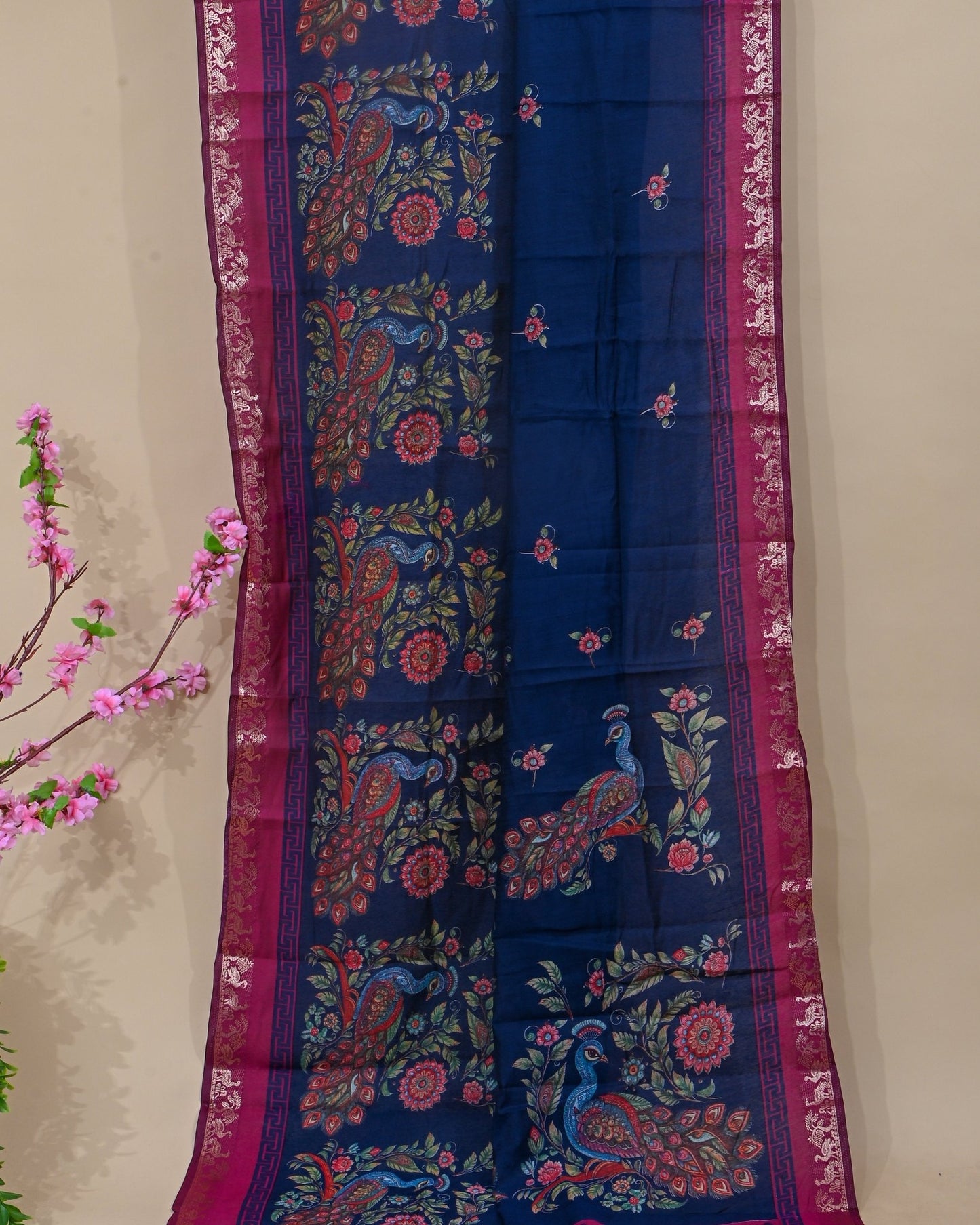 Chanderi Navy Blue Printed Saree - Shop Vastram