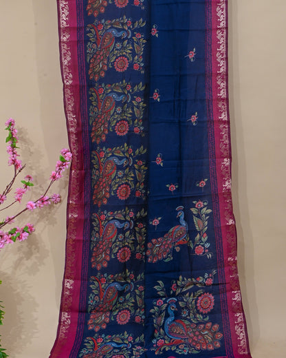 Chanderi Navy Blue Printed Saree - Shop Vastram
