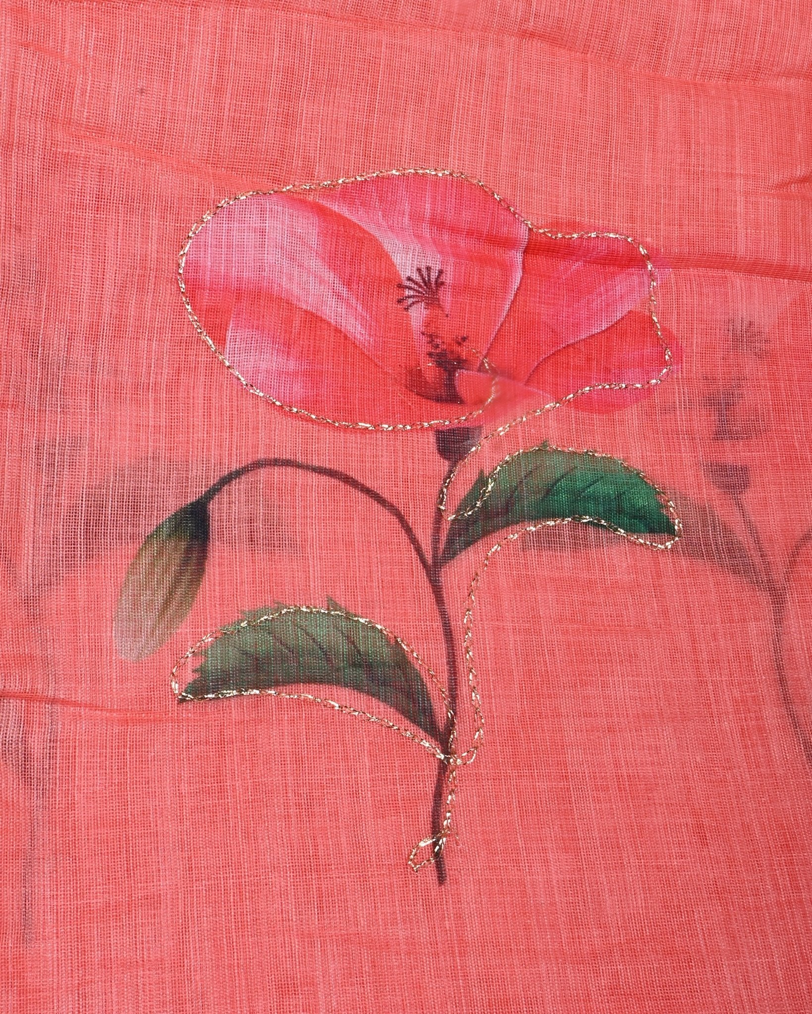 Coral Pink Color Lenin Saree - Shop Vastram