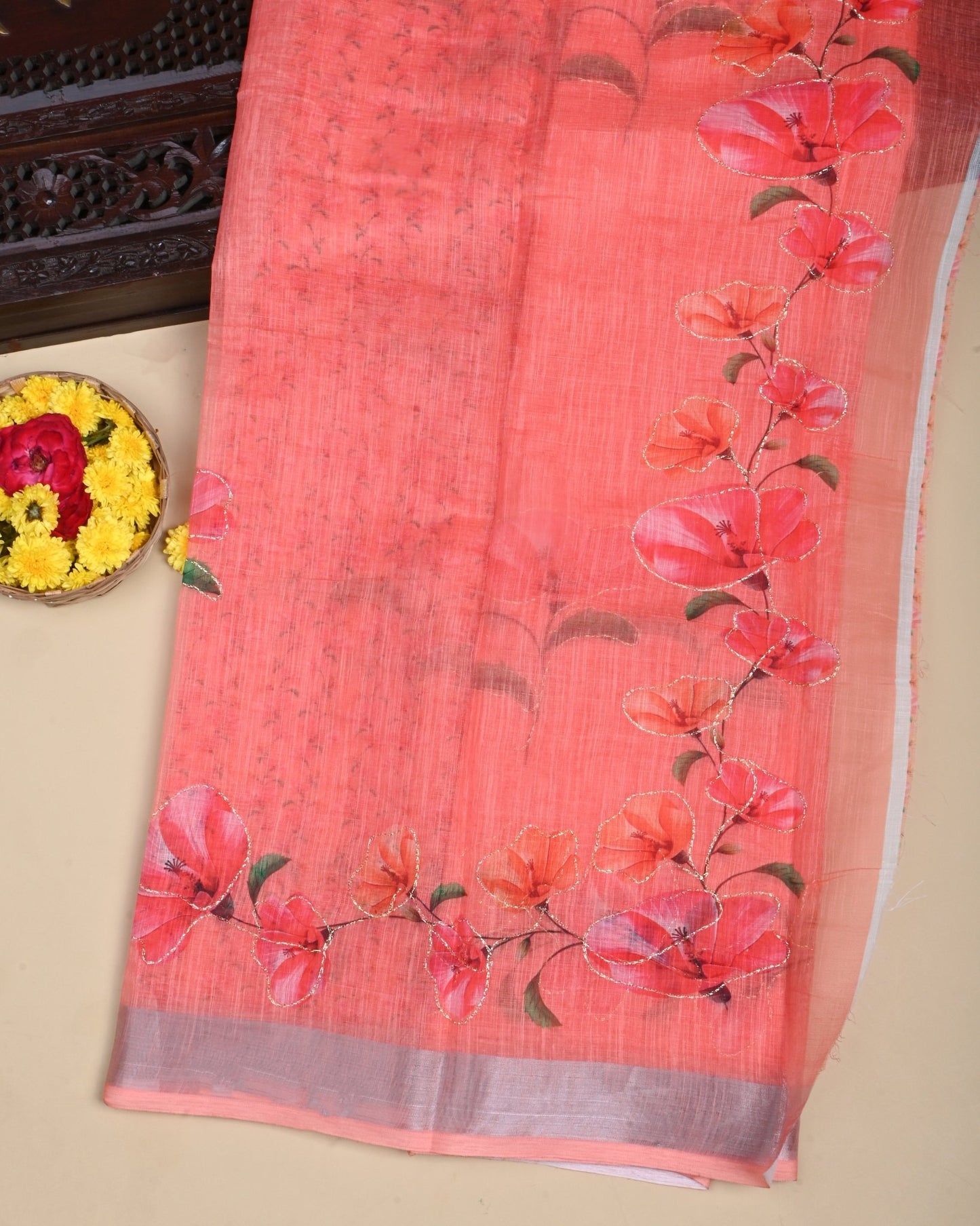 Coral Pink Color Lenin Saree - Shop Vastram