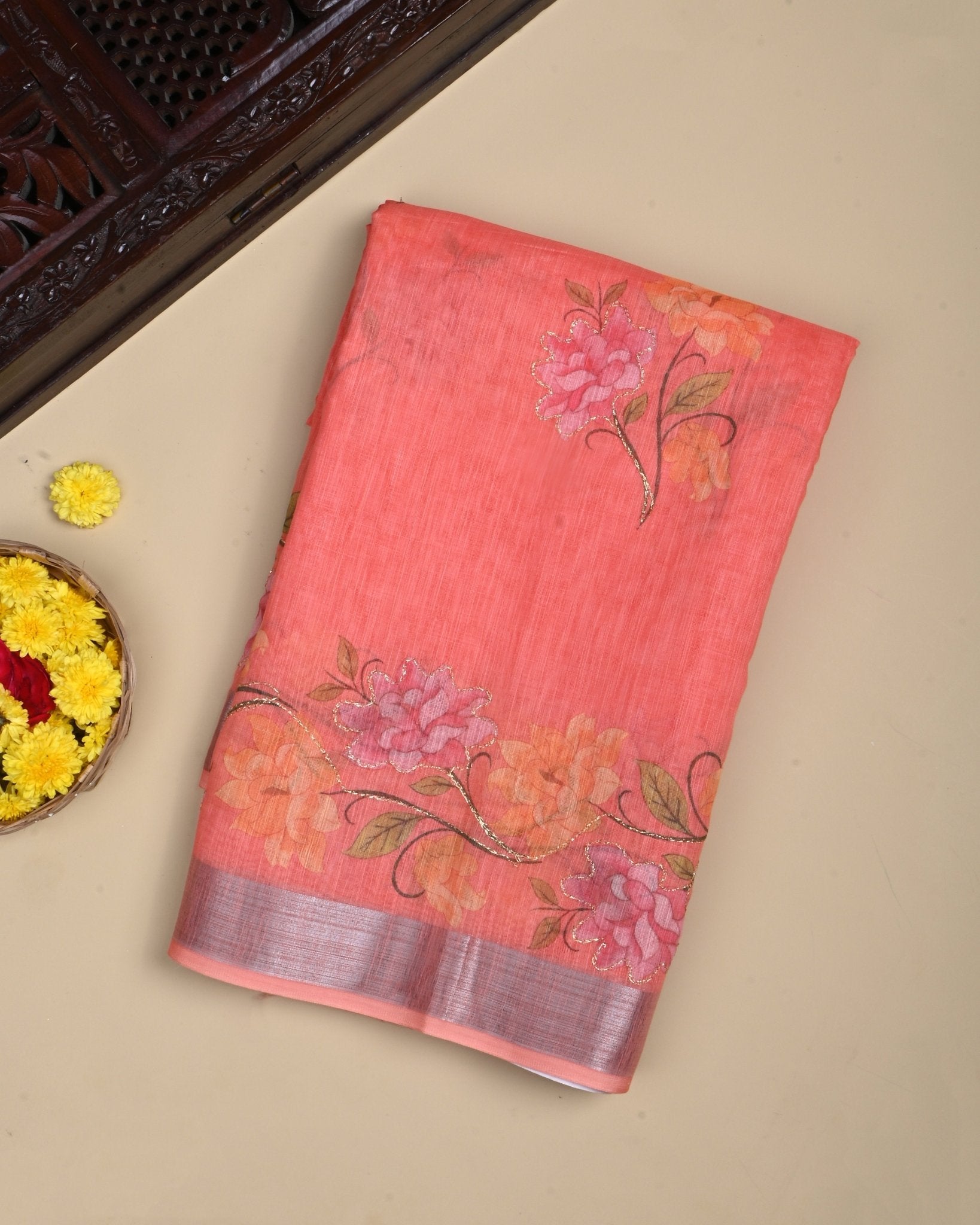 Coral Pink Color Lenin Saree - Shop Vastram