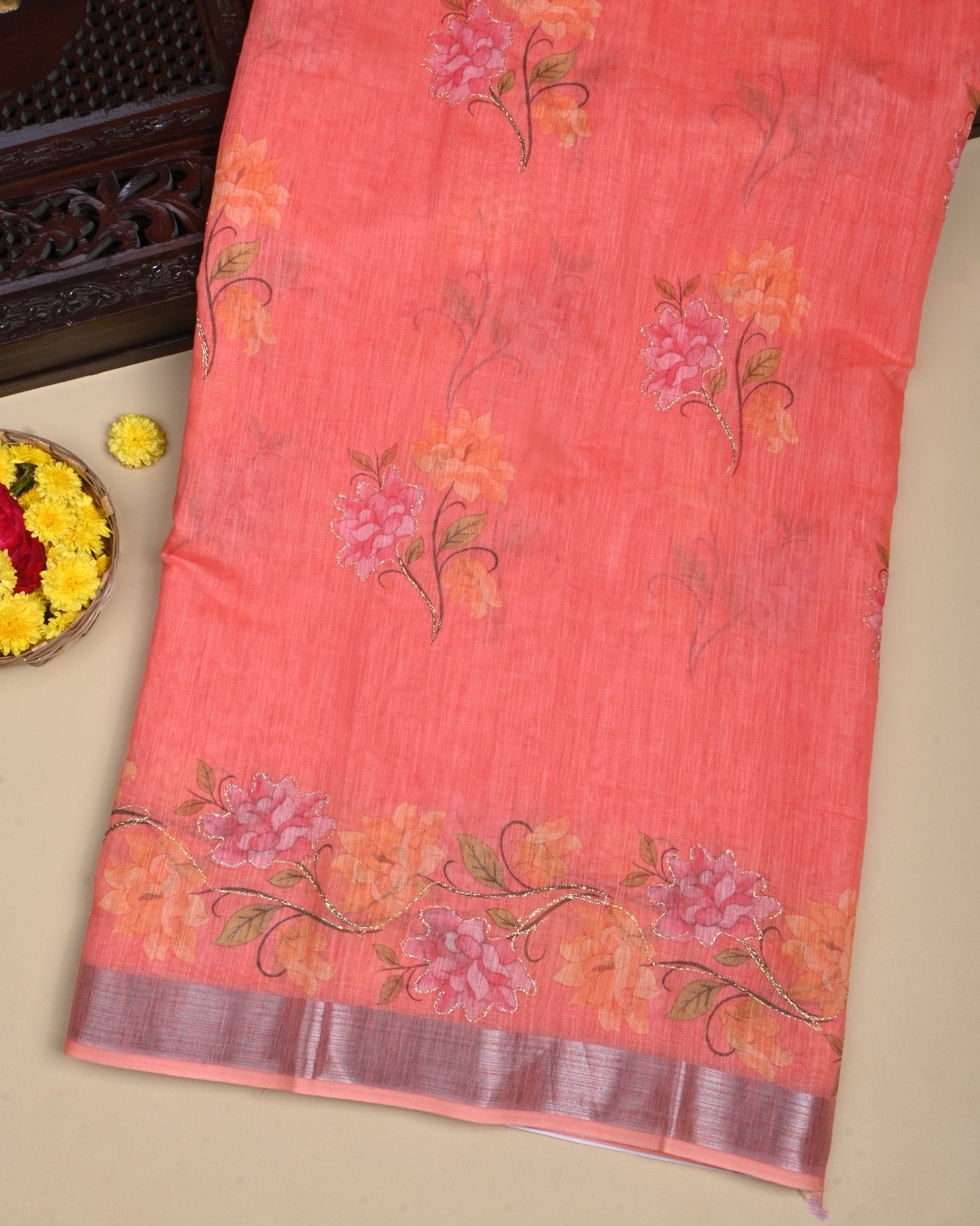 Coral Pink Color Lenin Saree - Shop Vastram