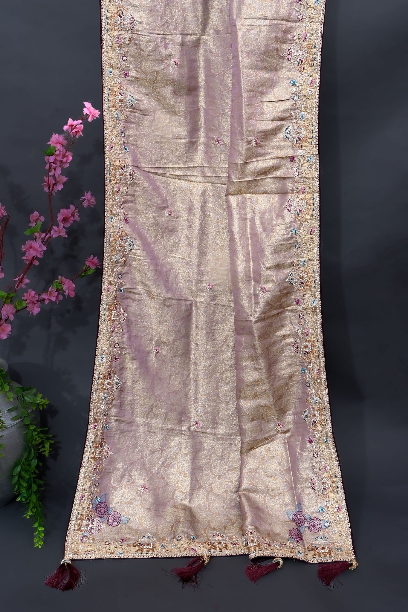 Cream Tissue Embroidery Saree - Shop Vastram