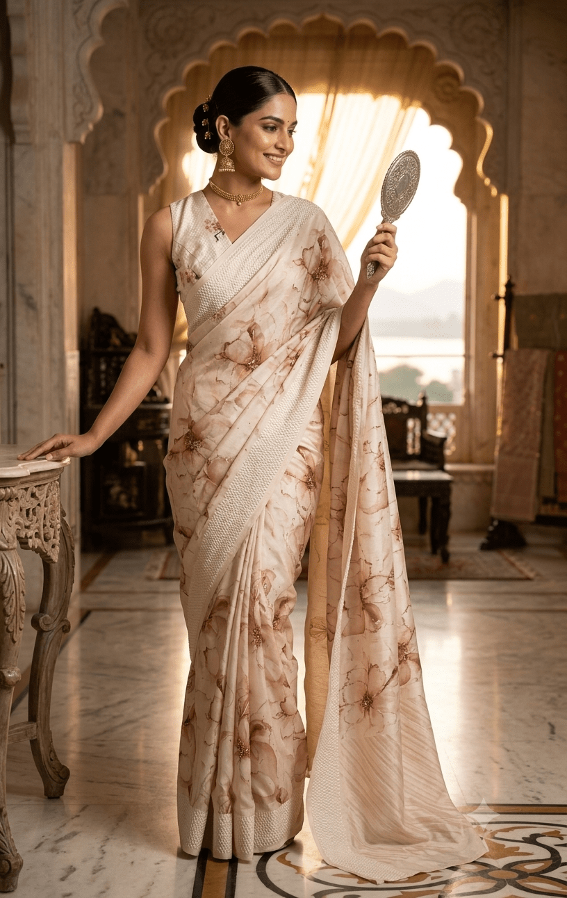 Cream Watercolor Print Saree with Intricate Beadwork & Textured Border - Shop Vastram