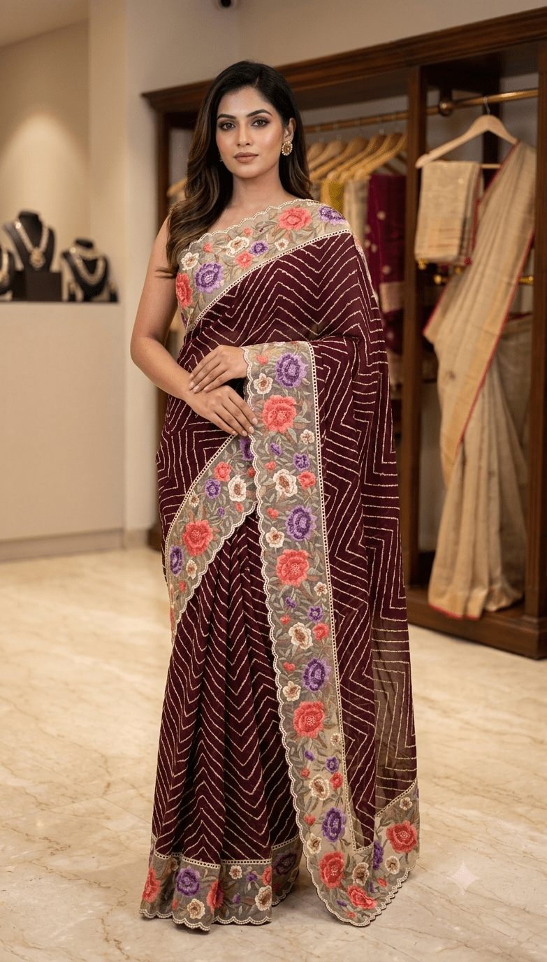 Deep Maroon Chevron Embroidered Saree with Floral Border - Shop Vastram
