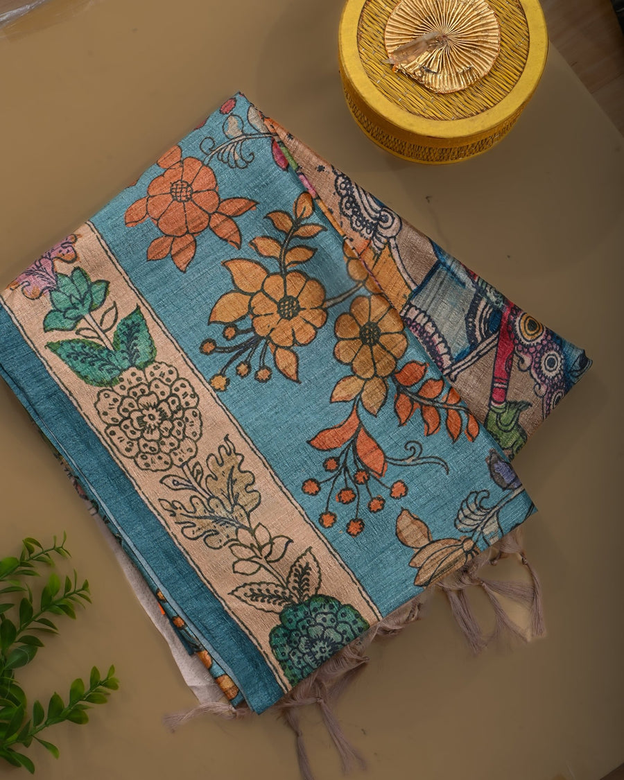 Dupion Ferozi Printed Saree - Shop Vastram