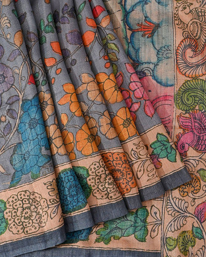 Dupion Grey Printed Saree - Shop Vastram