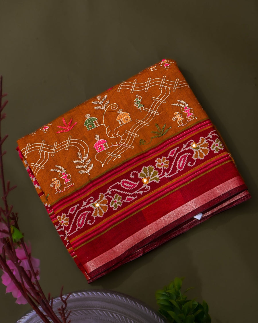 Earthy Chanderi Embroidery Saree - Shop Vastram