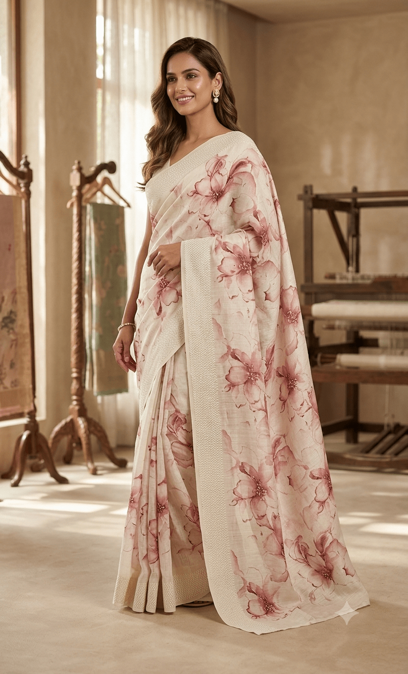Elegant Floral Print Cotton Saree in Soft Pink & Cream - Shop Vastram
