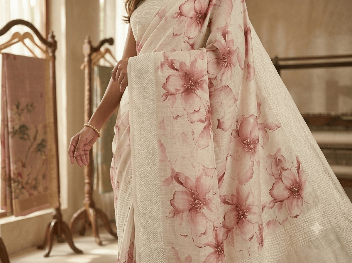 Elegant Floral Print Cotton Saree in Soft Pink & Cream - Shop Vastram