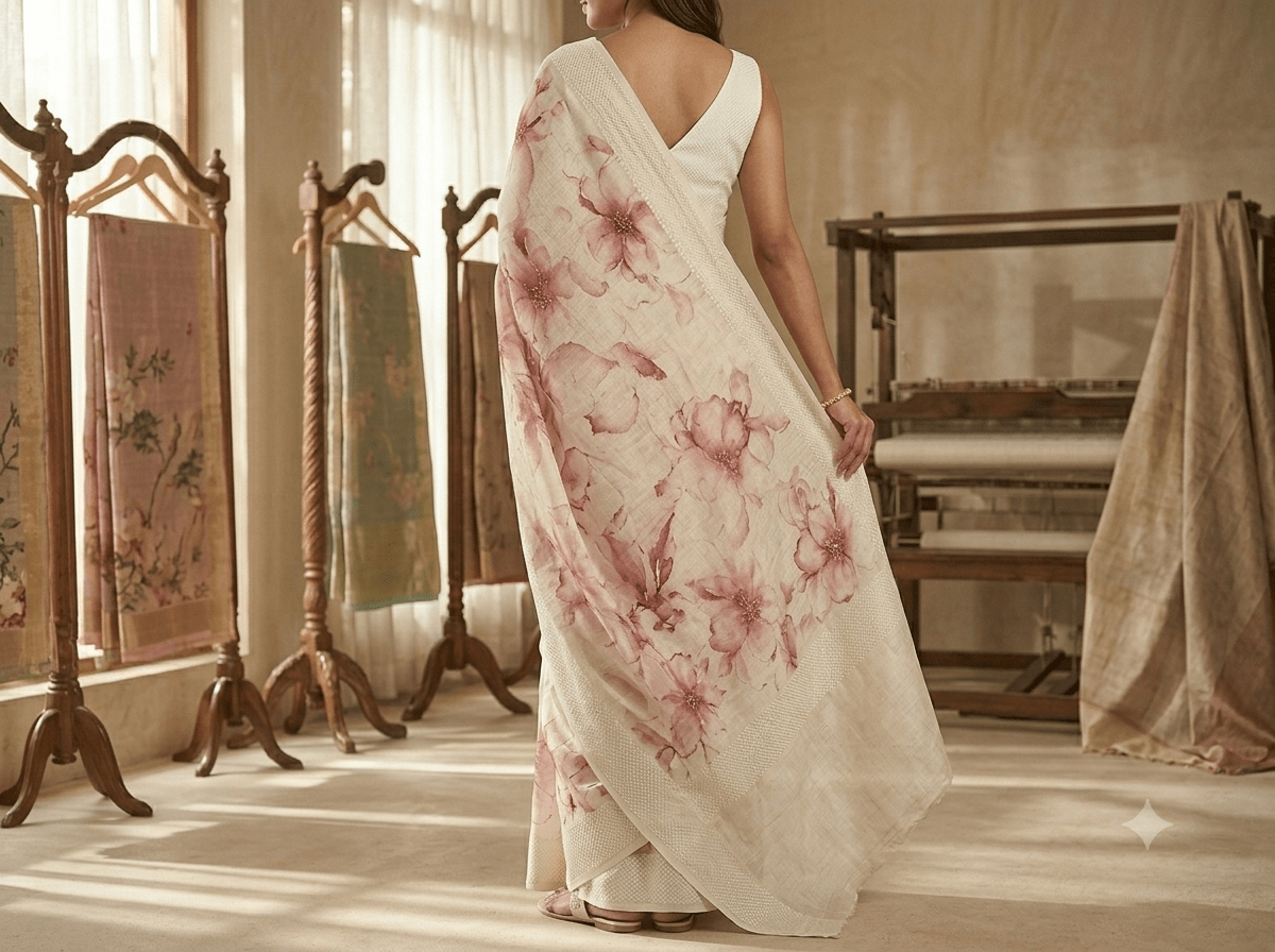 Elegant Floral Print Cotton Saree in Soft Pink & Cream - Shop Vastram