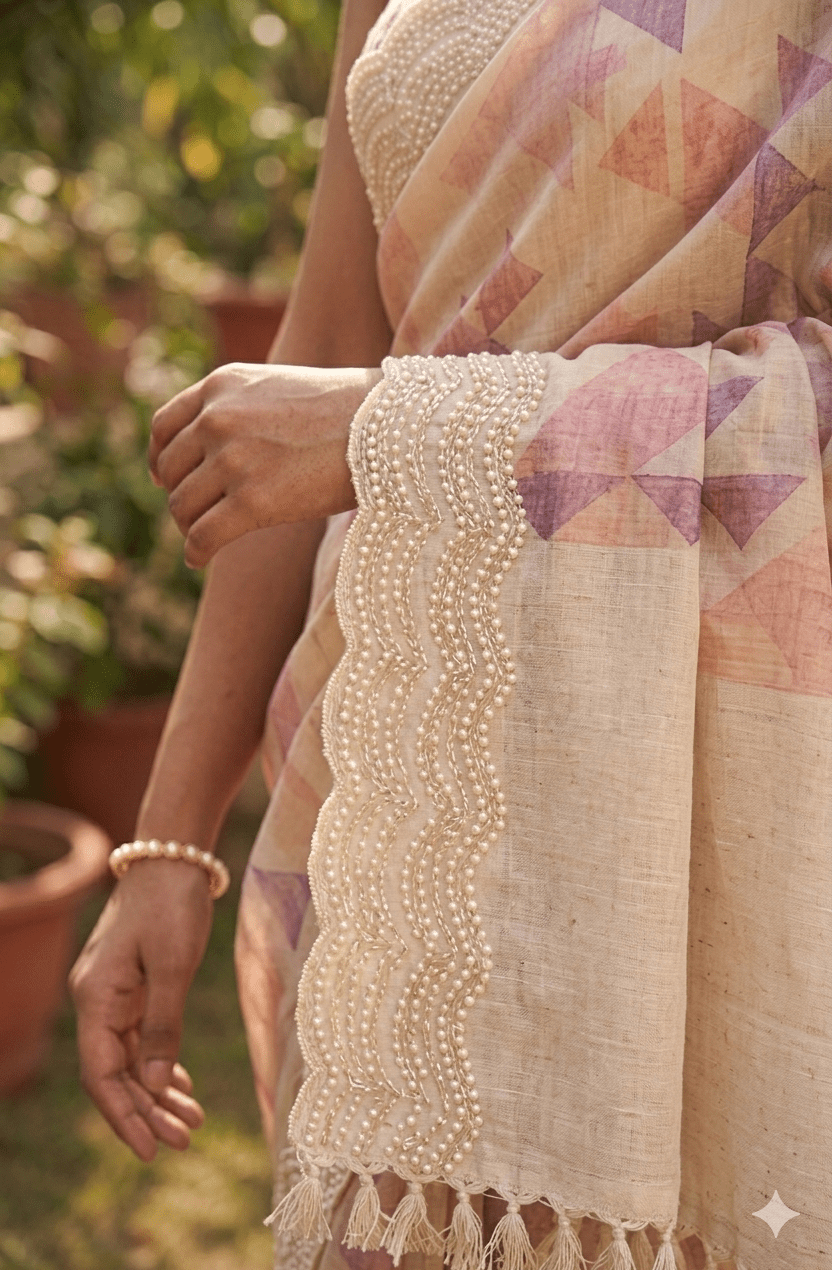 Elegant Geometric Print Saree with Intricate Handcrafted Border - Shop Vastram