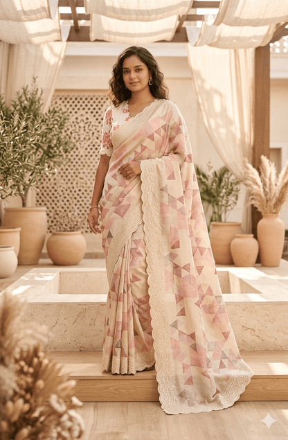 Elegant Geometric Print Saree with Intricate Handcrafted Border - Shop Vastram