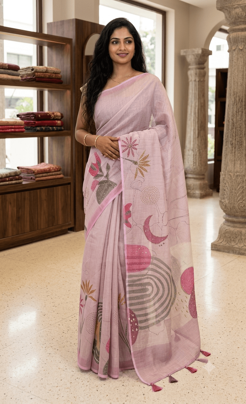 Elegant Hand-Painted Pastel Pink Linen Saree with Floral Motif & Tassels - Shop Vastram