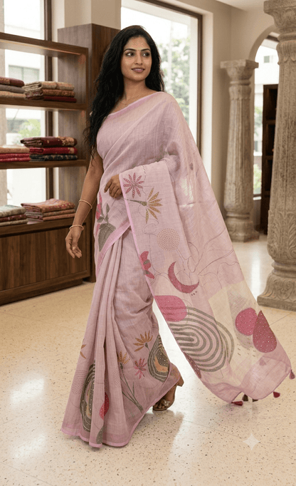 Elegant Hand-Painted Pastel Pink Linen Saree with Floral Motif & Tassels - Shop Vastram