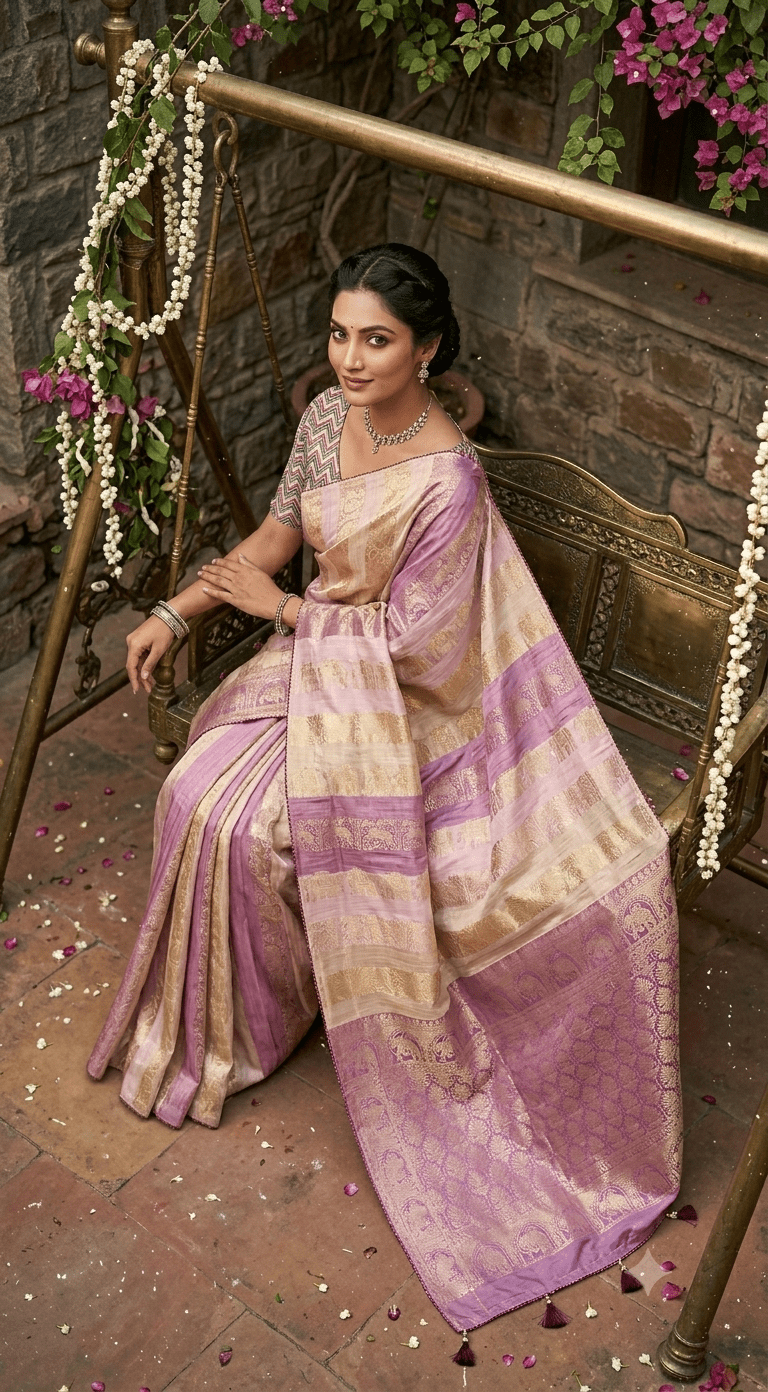 Elegant Lavender & Gold Banarasi Silk Saree | Traditional Handloomf - Shop Vastram