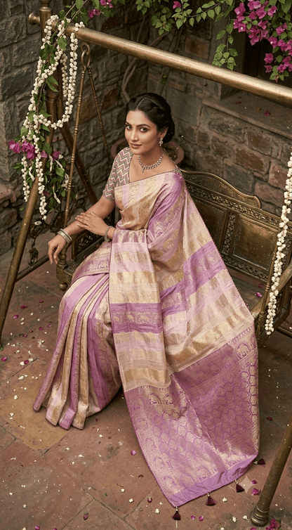Elegant Lavender & Gold Banarasi Silk Saree | Traditional Handloomf - Shop Vastram