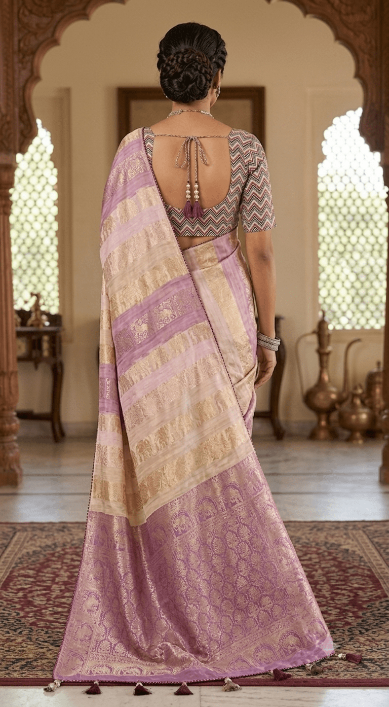 Elegant Lavender & Gold Banarasi Silk Saree | Traditional Handloomf - Shop Vastram
